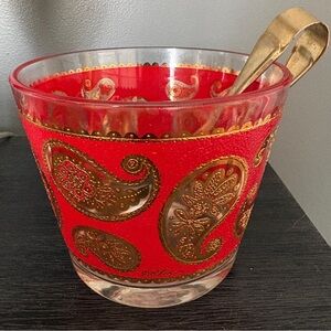 Vintage Culver Red and Gold Paisley Ice Bucket with Tongs